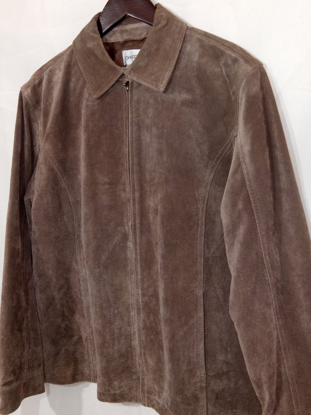 Chico's Brown Suede Leather Zip Jacket Women's Size 2 Large Lined Coat - Picture 2 of 14
